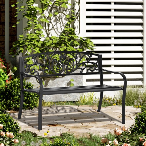 Outsunny 2 Seater Metal Garden Park Bench Porch Outdoor Furniture Patio Chair Seat Black Aosom UK