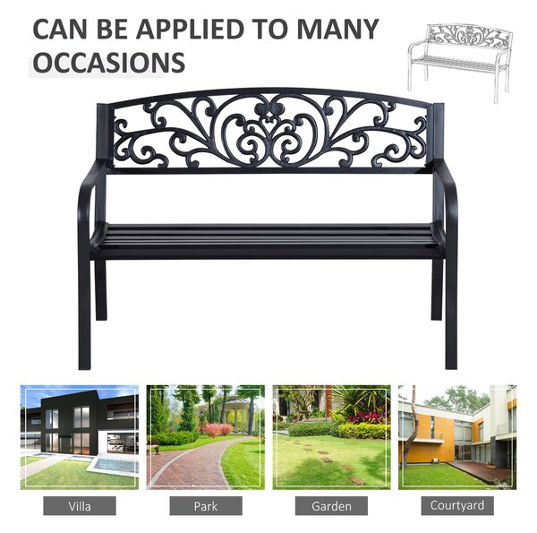 Outsunny 2 Seater Metal Garden Park Bench Porch Outdoor Furniture Patio Chair Seat Black Aosom UK