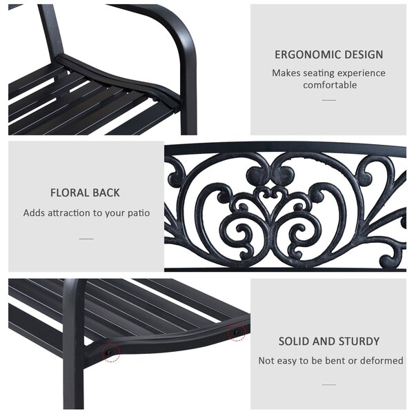 Outsunny 2 Seater Metal Garden Park Bench Porch Outdoor Furniture Patio Chair Seat Black Aosom UK