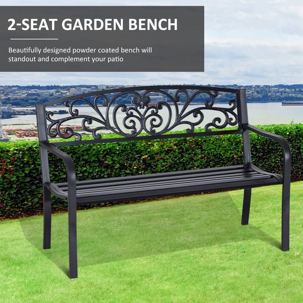 Outsunny 2 Seater Metal Garden Park Bench Porch Outdoor Furniture Patio Chair Seat Black Aosom UK