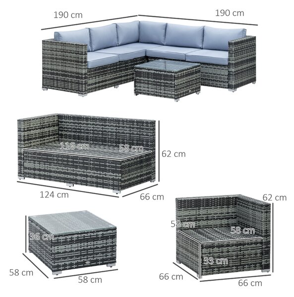Outsunny 5-Seater Rattan Garden Furniture Sets Wicker Patio Conservatory Dining Set w/Corner Sofa Loveseat Coffee Table Cushions, Grey Aosom UK
