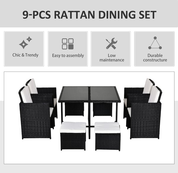 Outsunny 9PC Garden Rattan Dining Set Outdoor Patio Dining Table Set Weave Wicker 8 Seater Stool Black