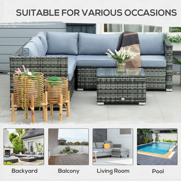 Outsunny 5-Seater Rattan Garden Furniture Sets Wicker Patio Conservatory Dining Set w/Corner Sofa Loveseat Coffee Table Cushions, Grey Aosom UK