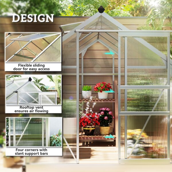 Outsunny 6x8 ft Greenhouse with Sliding Door, Walk-In Greenhouse with Roof & Vent, Durable Garden Greenhouse for Plants, Clear Aosom UK