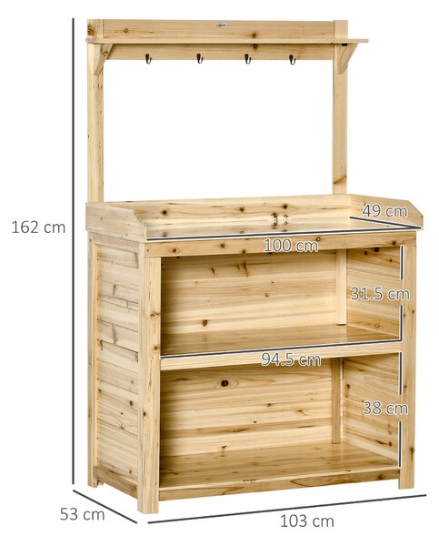 Outsunny Garden Potting Bench Table, Wooden Workstation Bench w/ Galvanized Metal Tabletop, Storage Shelves and Hooks, Natural