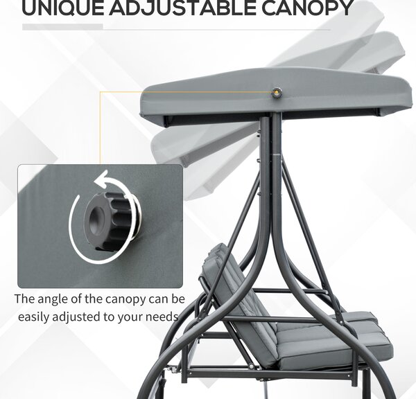 Outsunny 3 Seater Canopy Swing Chair, 2 in 1 Garden Swing Seat Bed, with Adjustable Canopy and Metal Frame, Dark Grey