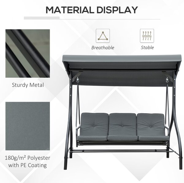 Outsunny 3 Seater Canopy Swing Chair, 2 in 1 Garden Swing Seat Bed, with Adjustable Canopy and Metal Frame, Dark Grey