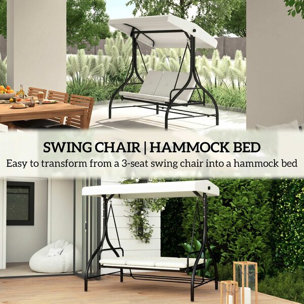Outsunny 3 Seater Canopy Swing Chair, 2 in 1 Garden Swing Seat Bed, with Adjustable Canopy and Metal Frame, Cream White