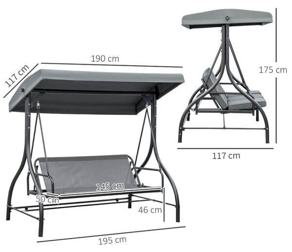 Outsunny 3 Seater Canopy Swing Chair, 2 in 1 Garden Swing Seat Bed, with Adjustable Canopy and Metal Frame, Dark Grey