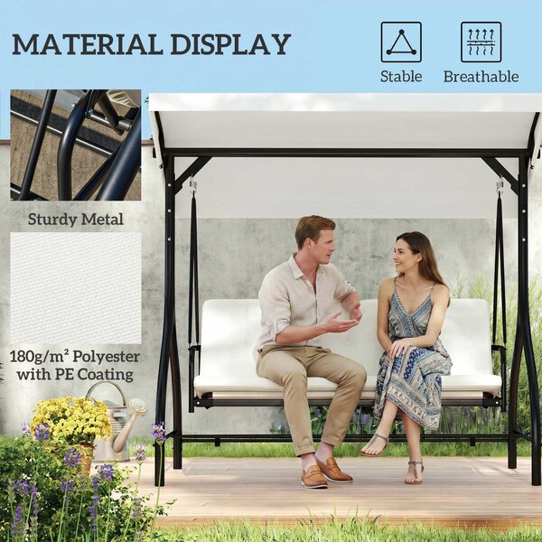 Outsunny 3 Seater Canopy Swing Chair, 2 in 1 Garden Swing Seat Bed, with Adjustable Canopy and Metal Frame, Cream White