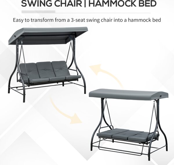 Outsunny 3 Seater Canopy Swing Chair, 2 in 1 Garden Swing Seat Bed, with Adjustable Canopy and Metal Frame, Dark Grey