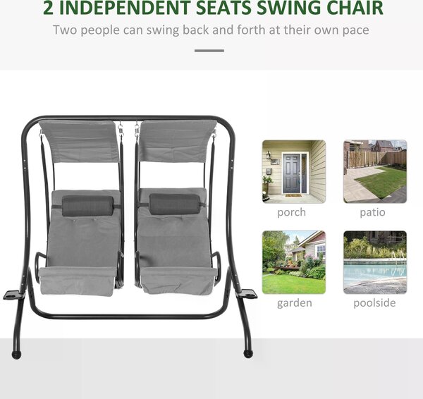 Outsunny Double Seat Swing Chair Modern Garden Swing w/ 2 Separate Relax Chairs, Handrails, Headrests and Removable Canopy, Grey