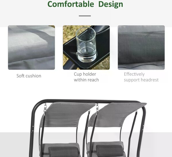 Outsunny Double Seat Swing Chair Modern Garden Swing w/ 2 Separate Relax Chairs, Handrails, Headrests and Removable Canopy, Grey