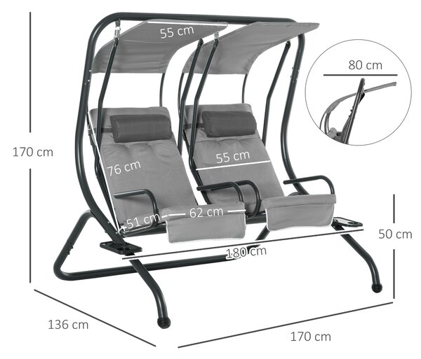 Outsunny Double Seat Swing Chair Modern Garden Swing w/ 2 Separate Relax Chairs, Handrails, Headrests and Removable Canopy, Grey