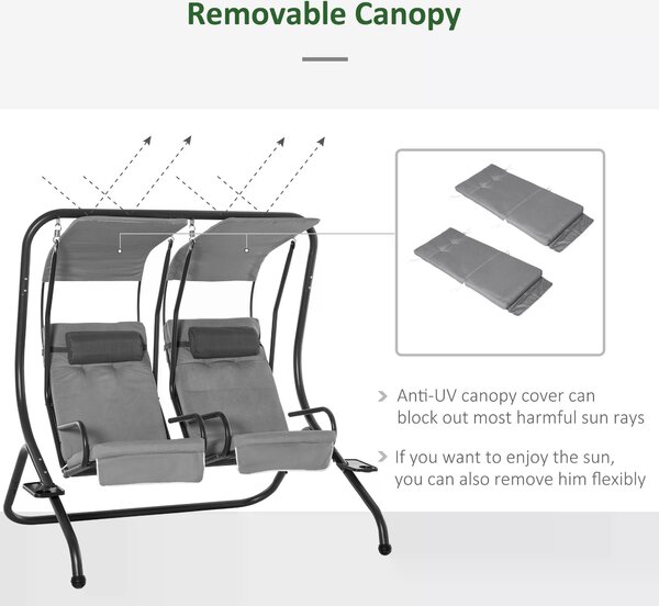 Outsunny Double Seat Swing Chair Modern Garden Swing w/ 2 Separate Relax Chairs, Handrails, Headrests and Removable Canopy, Grey