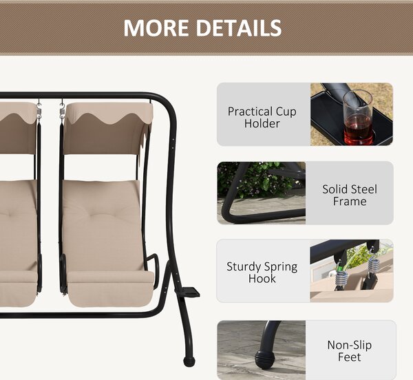 Outsunny Canopy Swing Chair Modern Garden Swing Seat Outdoor Relax Chairs w/ 2 Separate Chairs, Cushions and Removable Shade Canopy, Beige