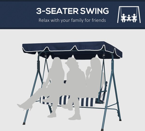 Outsunny Outdoor Swing Chair, 3 Seater Swing Chair with Adjustable Canopy for Patio, Blue and White Aosom UK