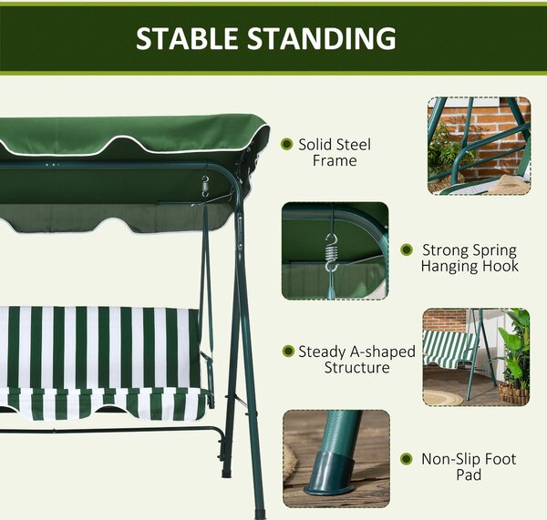 Outsunny 3-Seater Garden Swing Seat with Adjustable Canopy, Heavy-Duty Weatherproof Steel Frame for Patio & Garden, Green Aosom UK