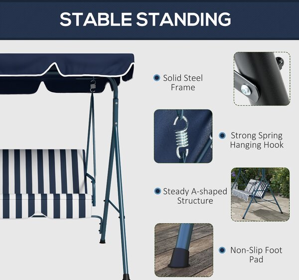 Outsunny Outdoor Swing Chair, 3 Seater Swing Chair with Adjustable Canopy for Patio, Blue and White Aosom UK