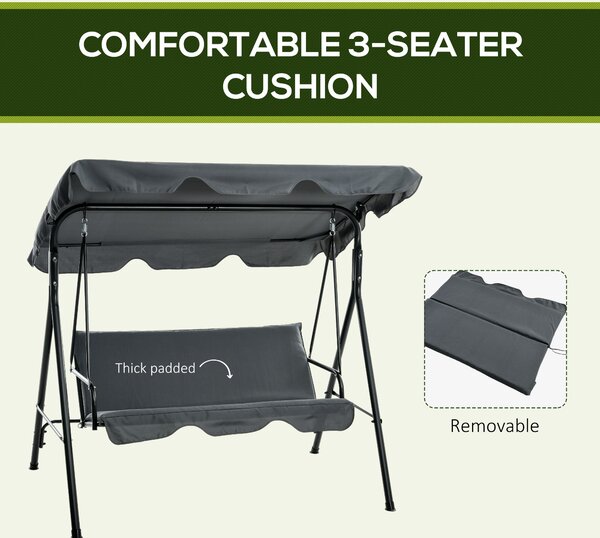 Outsunny 3 Seater Garden Swing, Waterproof Swing Chair with Adjustable Canopy for Patio, Grey Aosom UK