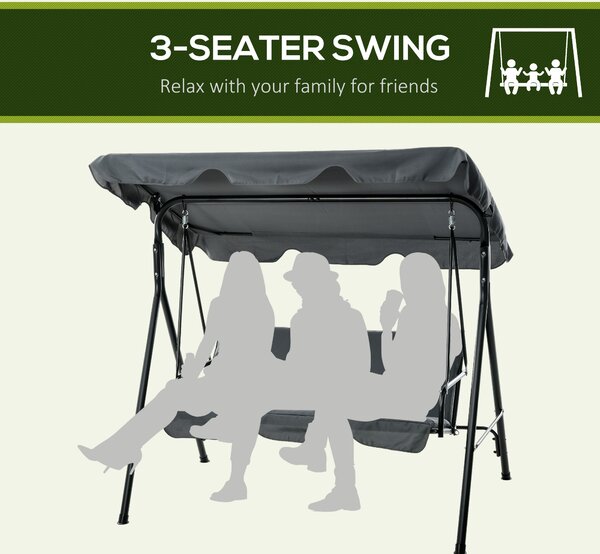 Outsunny 3 Seater Garden Swing, Waterproof Swing Chair with Adjustable Canopy for Patio, Grey Aosom UK