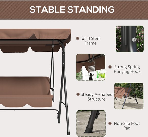 Outsunny Outdoor Swing Chair, 3 Seater Swing Chair with Adjustable Canopy for Patio, Brown Aosom UK