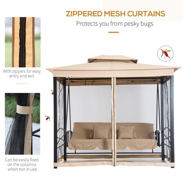 Outsunny 3 Seater Swing Chair 3-in-1 Convertible Hammock Bed Gazebo Patio Bench Outdoor with Double Tier Canopy, Cushioned Seat, Mesh Sidewalls, Beige