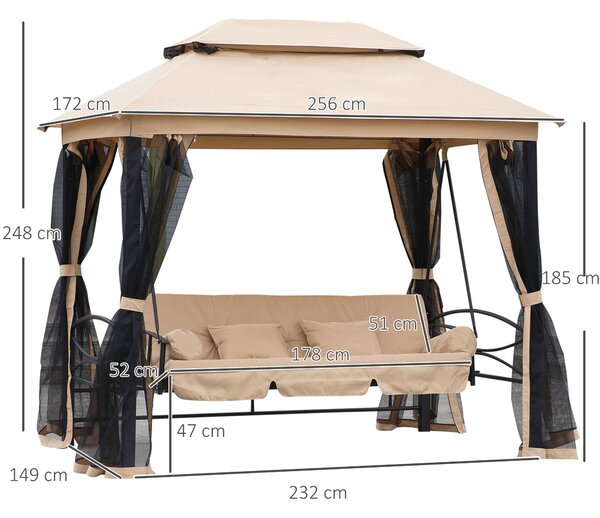 Outsunny 3 Seater Swing Chair 3-in-1 Convertible Hammock Bed Gazebo Patio Bench Outdoor with Double Tier Canopy, Cushioned Seat, Mesh Sidewalls, Beige