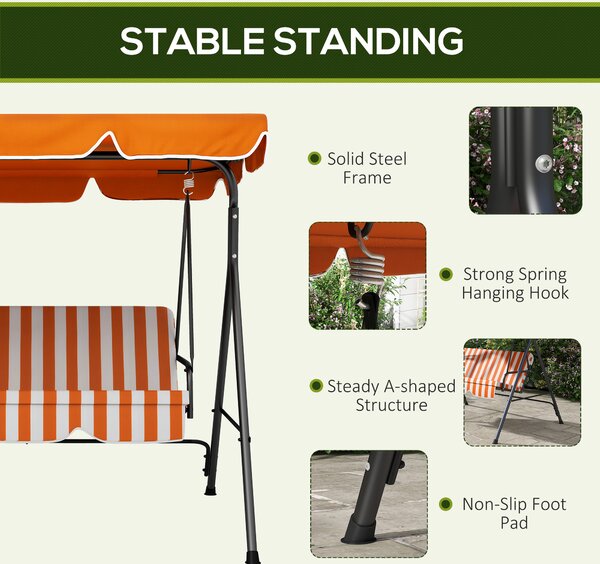Outsunny 3 Seater Garden Swing Seat with Cushions, Adjustable Canopy with Steel Frame for Patio, Orange Aosom UK