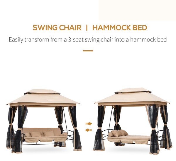 Outsunny 3 Seater Swing Chair 3-in-1 Convertible Hammock Bed Gazebo Patio Bench Outdoor with Double Tier Canopy, Cushioned Seat, Mesh Sidewalls, Beige