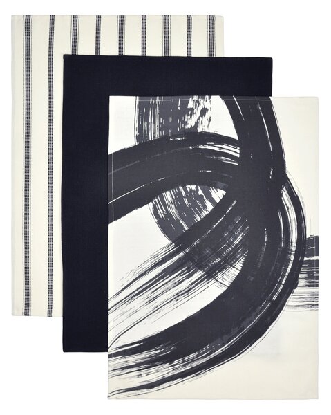Abstract Brushstroke Pack of 3 Tea Towels Black and white