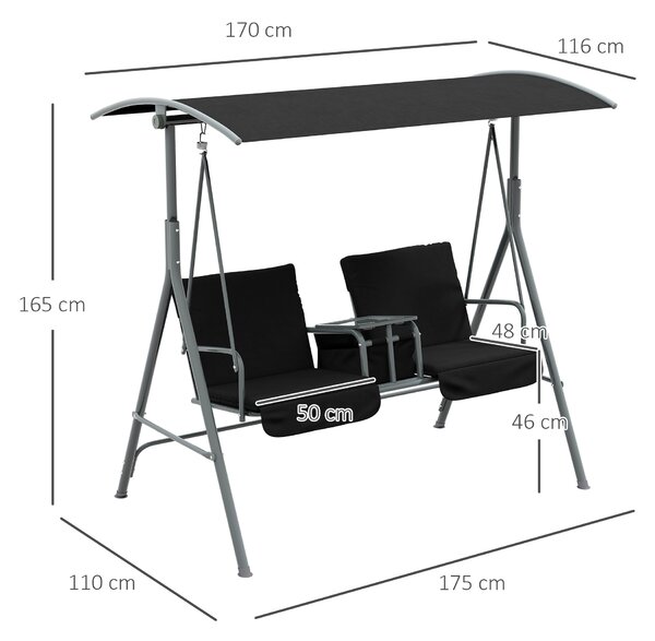 Outsunny 2 Seater Garden Swing Chair Patio Rocking Bench w/ Tilting Canopy, Double Padded Seats, Storage Bag and Tray, Black