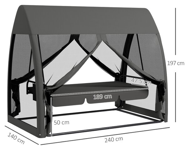 Outsunny 3 Seater Swing Chair 2 in 1 Garden Swing Seat Bed Convertible Outdoor Rocking Bench Bed with Water-Resistant Roof, Zipped Door and Mosquito Netting, Grey