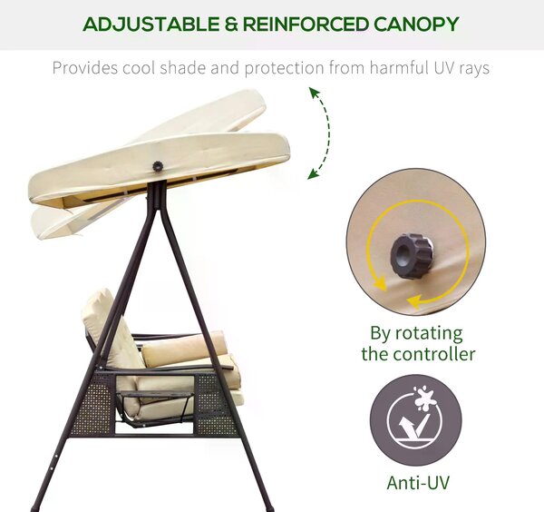 Outsunny Patio Swing Chair, Waterproof Steel 3 Seater Hammock with Canopy and Cushions, Outdoor Bench, Beige Aosom UK