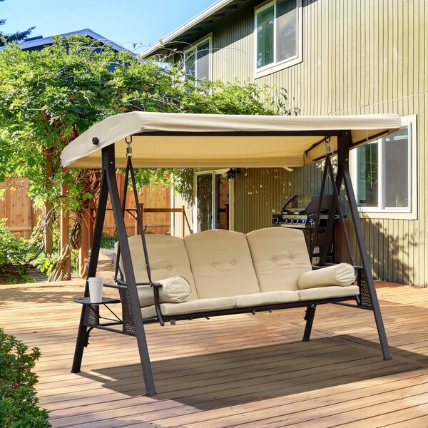 Outsunny Patio Swing Chair, Waterproof Steel 3 Seater Hammock with Canopy and Cushions, Outdoor Bench, Beige Aosom UK