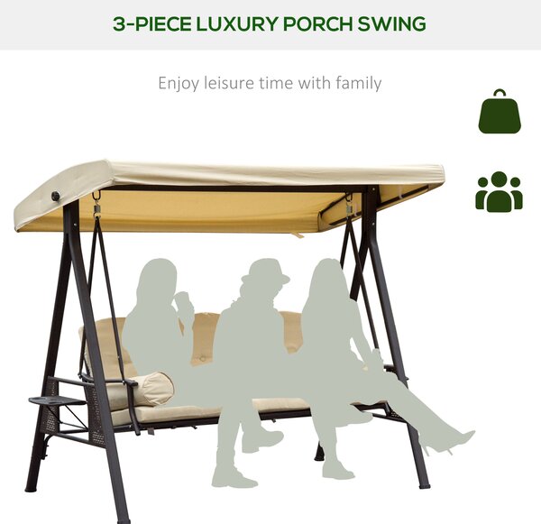 Outsunny Patio Swing Chair, Waterproof Steel 3 Seater Hammock with Canopy and Cushions, Outdoor Bench, Beige Aosom UK
