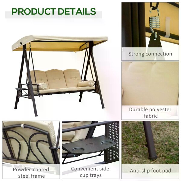 Outsunny Patio Swing Chair, Waterproof Steel 3 Seater Hammock with Canopy and Cushions, Outdoor Bench, Beige Aosom UK