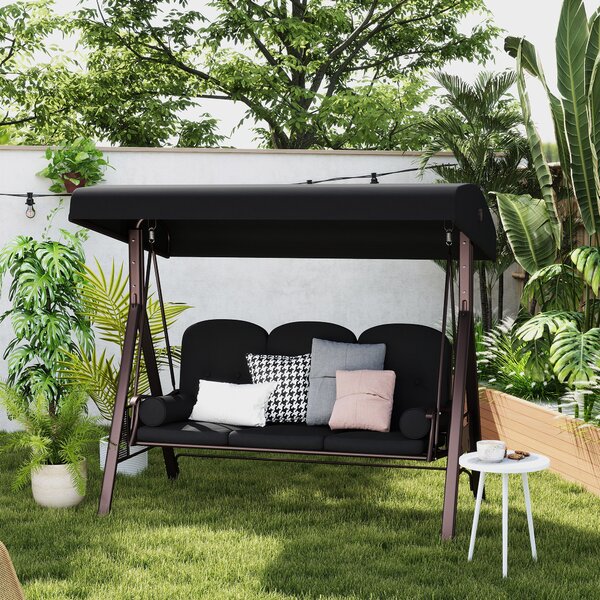 Outsunny 3-Seater Garden Hammock Swing Seat with Cushions & UV-Resistant Canopy, Durable Outdoor Patio Bench Chair, Black Aosom UK