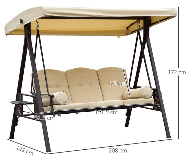 Outsunny Patio Swing Chair, Waterproof Steel 3 Seater Hammock with Canopy and Cushions, Outdoor Bench, Beige Aosom UK