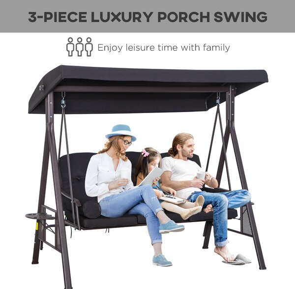 Outsunny 3-Seater Garden Hammock Swing Seat with Cushions & UV-Resistant Canopy, Durable Outdoor Patio Bench Chair, Black Aosom UK