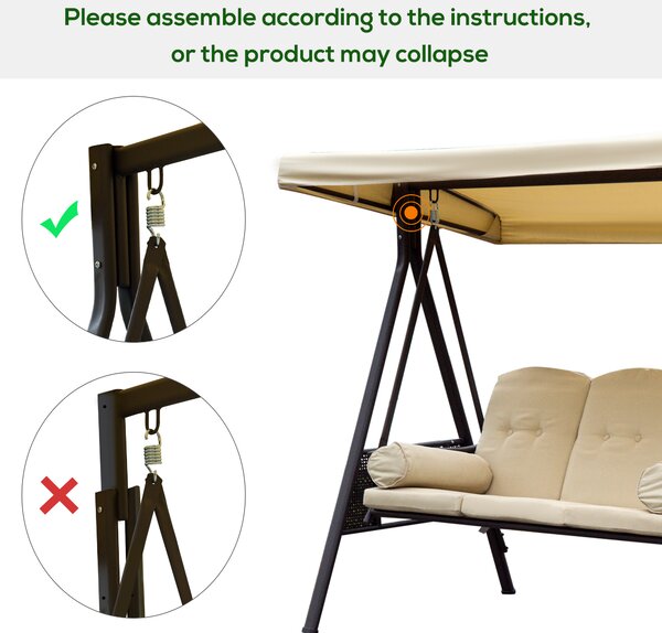 Outsunny Patio Swing Chair, Waterproof Steel 3 Seater Hammock with Canopy and Cushions, Outdoor Bench, Beige Aosom UK