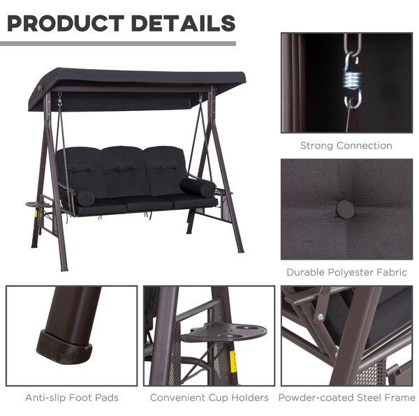 Outsunny 3-Seater Garden Hammock Swing Seat with Cushions & UV-Resistant Canopy, Durable Outdoor Patio Bench Chair, Black Aosom UK
