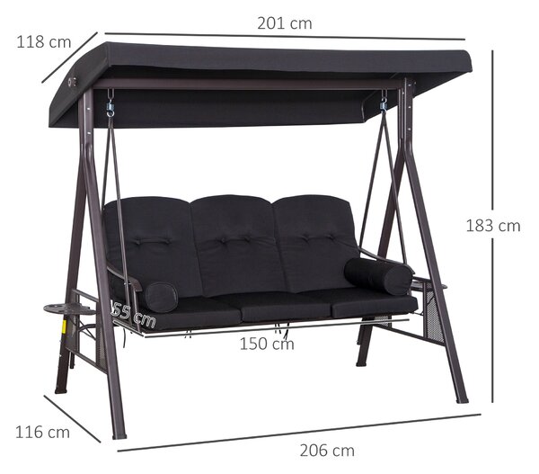 Outsunny 3-Seater Garden Hammock Swing Seat with Cushions & UV-Resistant Canopy, Durable Outdoor Patio Bench Chair, Black Aosom UK