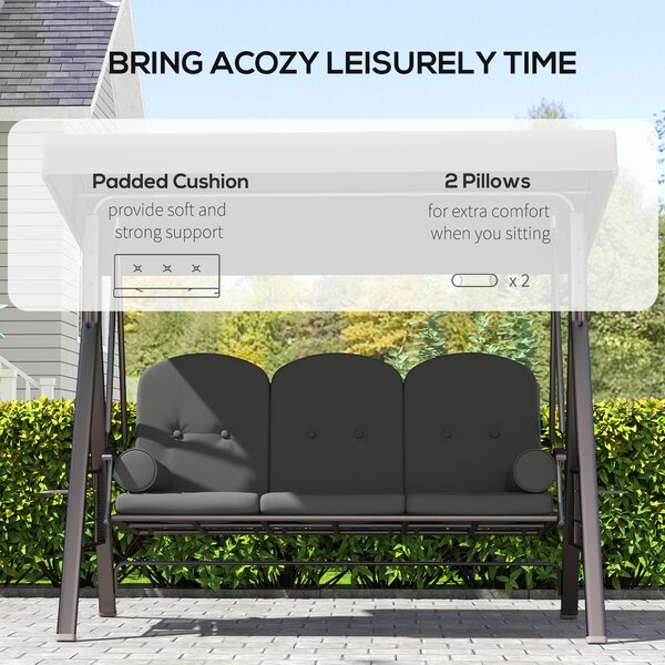 Outsunny 3 Seater Garden Swing Seat, Outdoor Hammock Bench with Adjustable Canopy, Cushions and Cup Trays, Steel Frame, Dark Grey Aosom UK