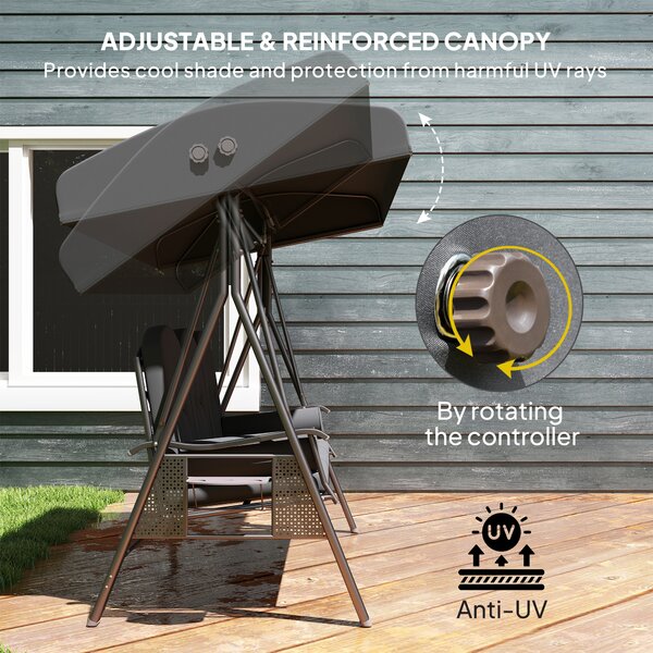 Outsunny 3 Seater Garden Swing Seat, Outdoor Hammock Bench with Adjustable Canopy, Cushions and Cup Trays, Steel Frame, Dark Grey Aosom UK