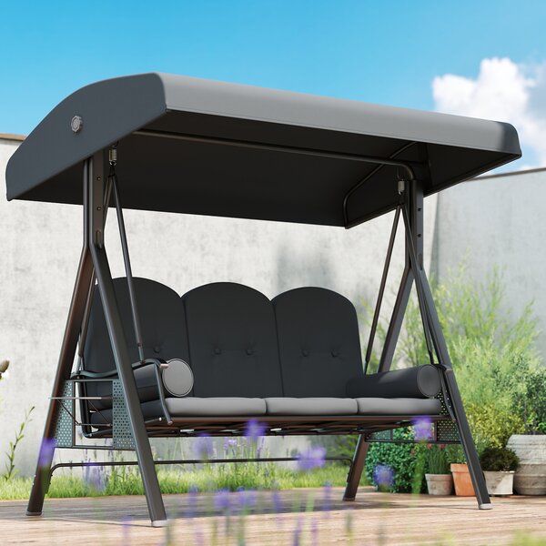 Outsunny 3 Seater Garden Swing Seat, Outdoor Hammock Bench with Adjustable Canopy, Cushions and Cup Trays, Steel Frame, Dark Grey Aosom UK