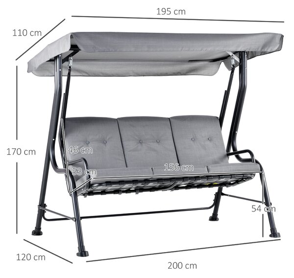 Outsunny 3 Seater Outdoor Garden Swing Chairs Thick Padded Seat Hammock Canopy Porch Patio Bench Bed - Grey