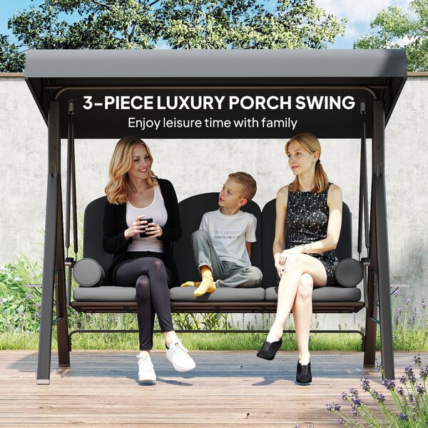 Outsunny 3 Seater Garden Swing Seat, Outdoor Hammock Bench with Adjustable Canopy, Cushions and Cup Trays, Steel Frame, Dark Grey Aosom UK