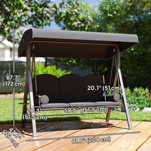 Outsunny 3 Seater Garden Swing Seat, Outdoor Hammock Bench with Adjustable Canopy, Cushions and Cup Trays, Steel Frame, Dark Grey Aosom UK