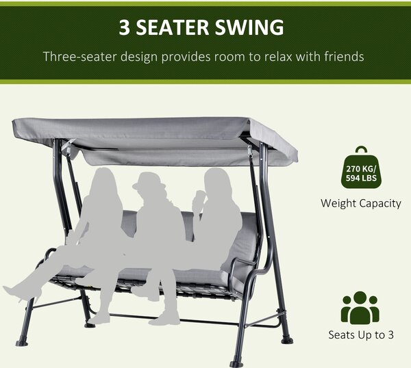 Outsunny 3 Seater Outdoor Garden Swing Chairs Thick Padded Seat Hammock Canopy Porch Patio Bench Bed - Grey